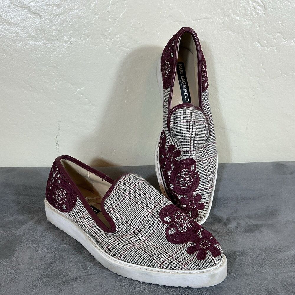 Karl Lagerfield Paris 7.5 M Loafers Women’s Flats Houndstooth Lace Embroidered